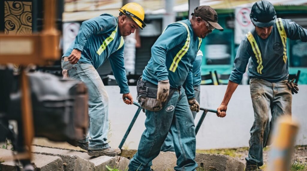 Team of construction workers collaborating on a project in San José, Costa Rica.